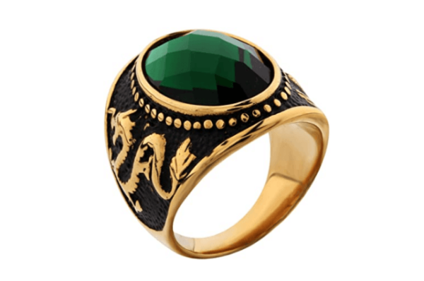 Anillo de acero inoxidable estilo vintage color verde esmeralda de dragón
