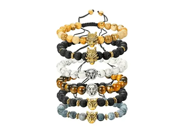 Finrezio Juego De 6 Pulseras De Cuentas Para Hombre Diseño De Dragón León Pantera Piedra Natural