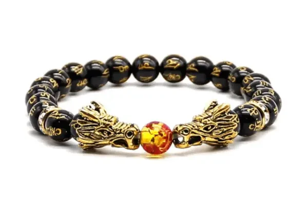 Lnkre Jewelry Pulsera De Cuentas De Cabeza De Dragón Dorada Para Curación De Piedras