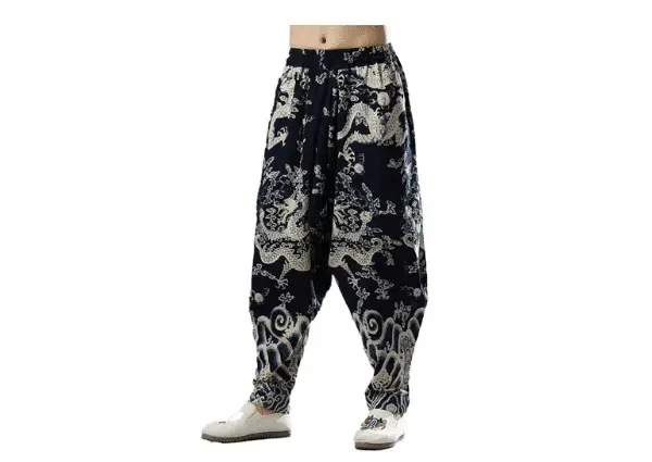 Para Hombre Hippie Drop Entrepierna Jogger De Lino De Algodón Pantalones Con Estampado De Dragones Cintura Elá