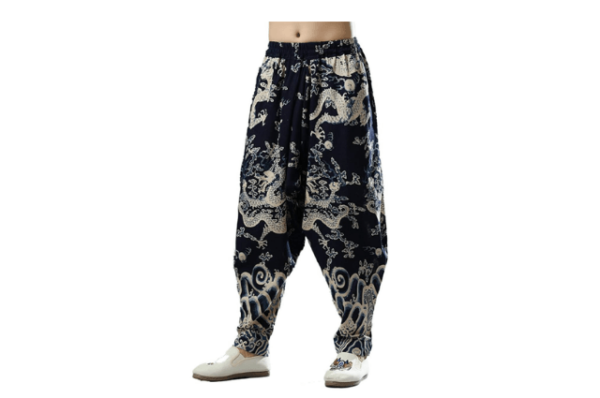 Para hombre hippie Drop entrepierna Jogger de lino de algodón pantalones con estampado de dragones cintura