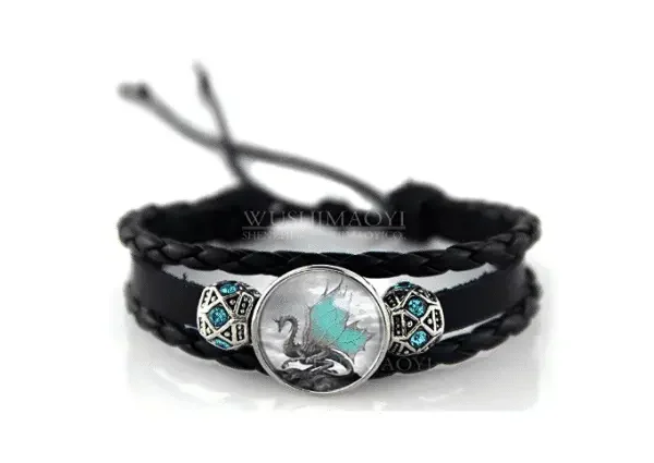 Pulsera De Piel Trenzada Con Diseño De Dragón Con Alas Azules