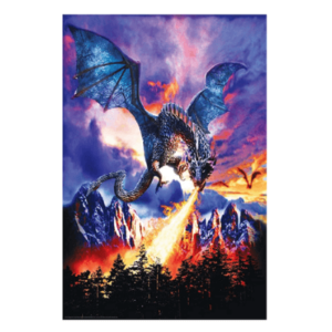 Póster con imagen de dragón del estudio B para respirar el fuego incinerando el bosque de fantasía